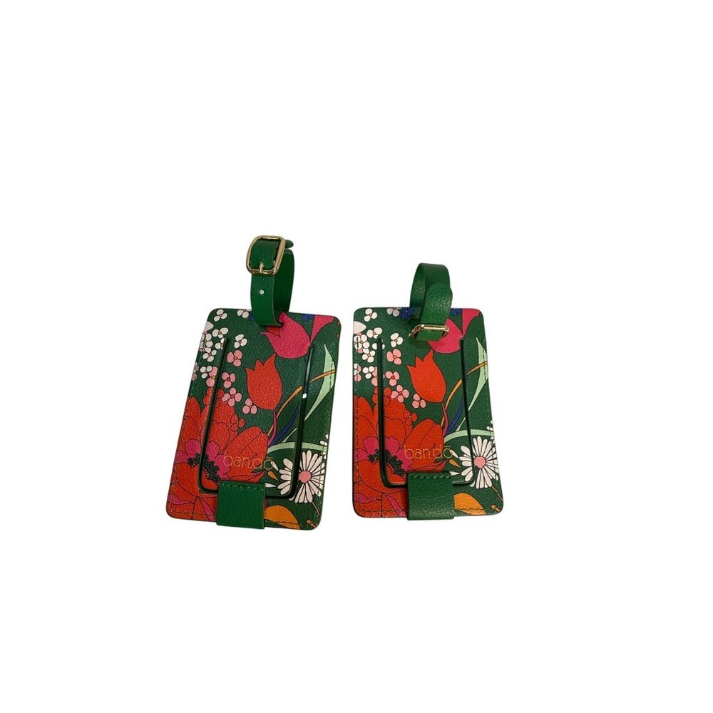 Set Of‎ 2 Floral Luggage Tags With Green Strap & Gold Buckle